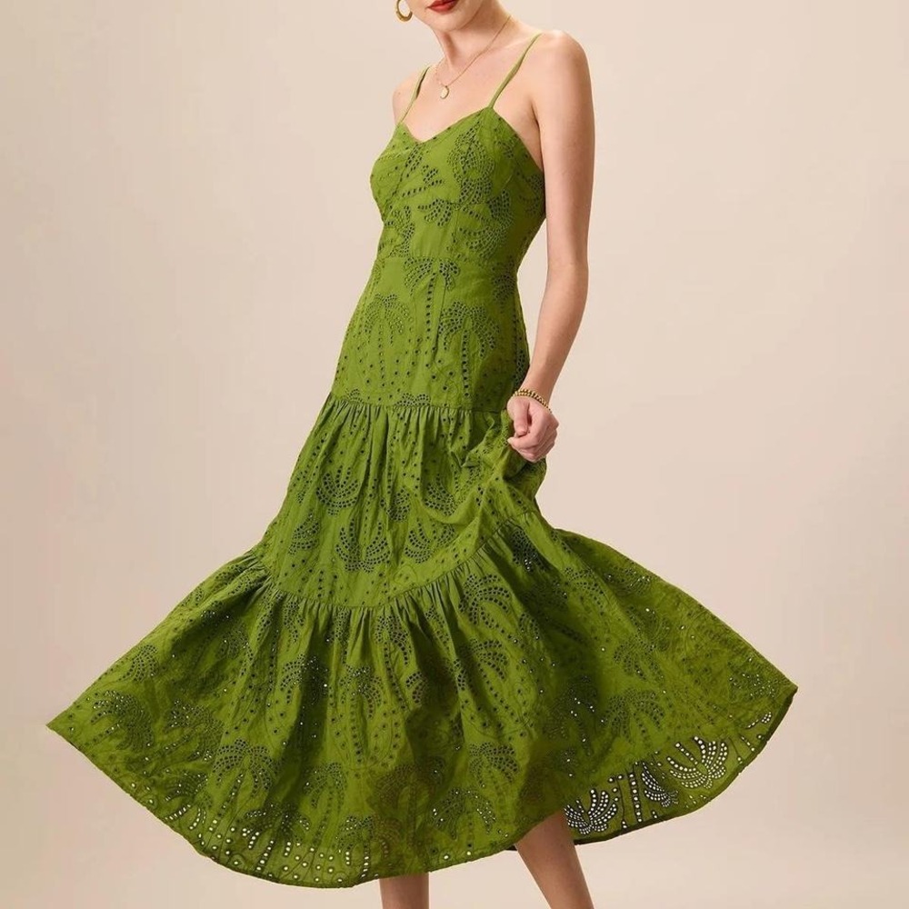 RIHOAS The Green Sweetheart Neck Embroidery Slip Midi Dress